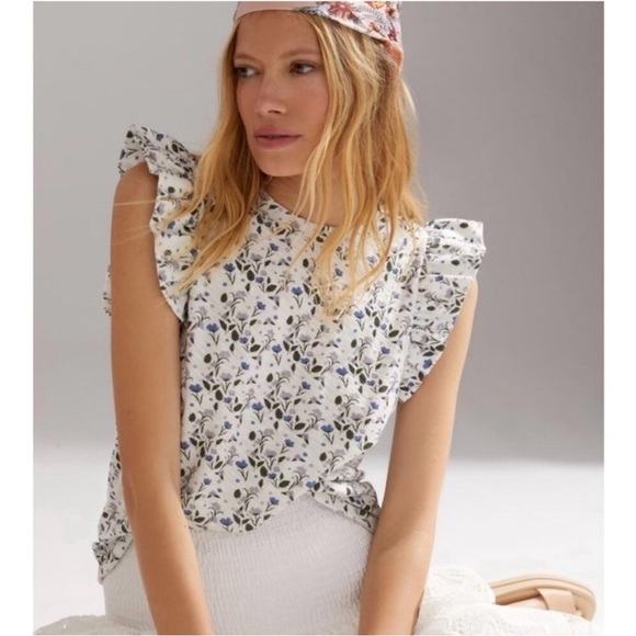 Nation LTD Paulette Ruffle Tank White Blue Size Large - Picture 2 of 8